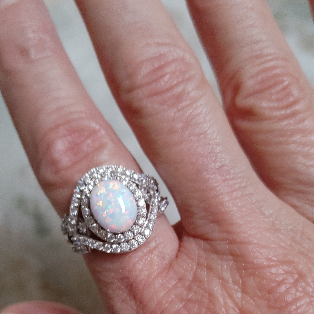 SJD 925 Opal and Diamond Pavers Ring Size 8 - Picture 2 of 11